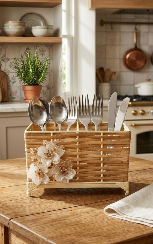 White Flower Jute Cutlery Holder